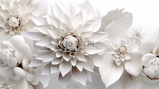 3d 渲染白色背景与纸花的插图