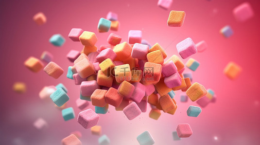 飞行中充满活力的糖果 彩色彩虹方形形状的 3D 插图