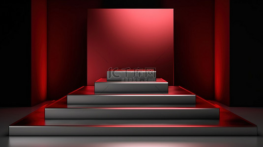 豪华 3D 渲染讲台舞台，采用深红色和银色抽象方形设计，用于产品促销