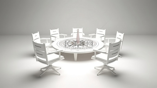 3D 渲染圆桌，带有指南针和白色背景的领导椅