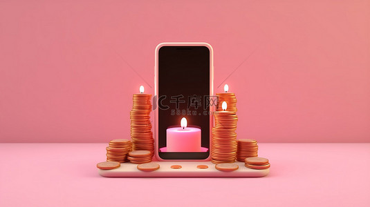 3D 渲染中粉红色背景的投资交易和金融概念移动和硬币烛台