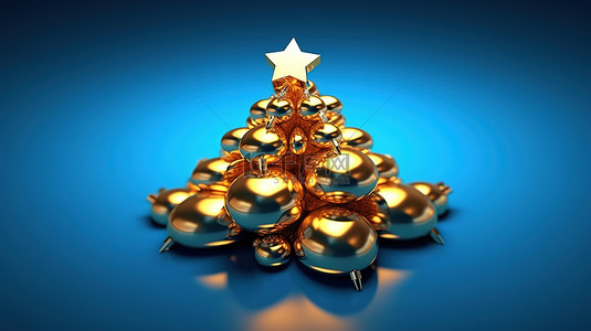 3d 渲染抽象圣诞树在蓝色背景上的金色