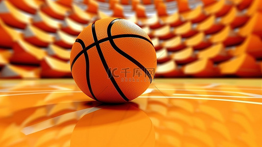 放置在弯曲篮球场上的橙色篮球的 3D 渲染