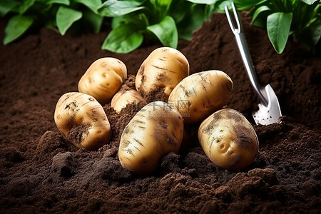 土豆泥拌粉背景图片_英国园丁在土壤中种植土豆