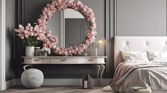 化妆镜背景图片_卧室幸福 3d 渲染舒适的角落，梳妆台上放着一束玫瑰和圆形镜子