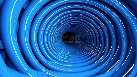 同心圆几何抽象中蓝色 3D 管的混乱扭曲