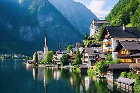 卡拉卡塔白背景图片_德国阿尔卑斯山谷有许多小房子和运河