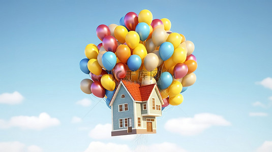 白色的房子卡通背景图片_气球升起的孤立房屋的 3D 渲染