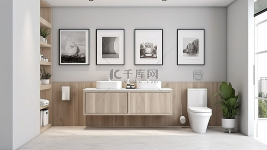 时尚卫生间背景图片_时尚的主浴室设计，配有衣柜坐浴盆和 3D 插图中的空相框模型