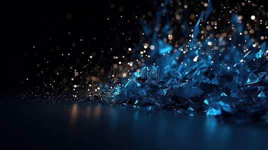 超现实主义的蓝色火焰粒子，在黑暗背景 3d 渲染中具有闪闪发光的纹理