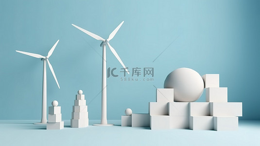 产品下架背景图片_模型显示集中抽象背景下纯能源风力涡轮机概念的 3D 渲染