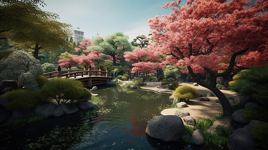 春季日本花园的 3D 渲染中捕捉到的宁静