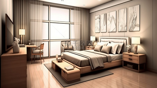 带家具草图的舒适卧室的 3D 插图
