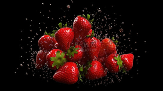 深色背景上层叠的草莓堆的 3D 渲染