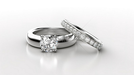 订婚迎宾牌背景图片_白金订婚戒指和结婚戒指套装的 3D 渲染