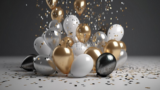 闪闪发光的金色和银色 3D 气球非常适合庆祝生日和成就