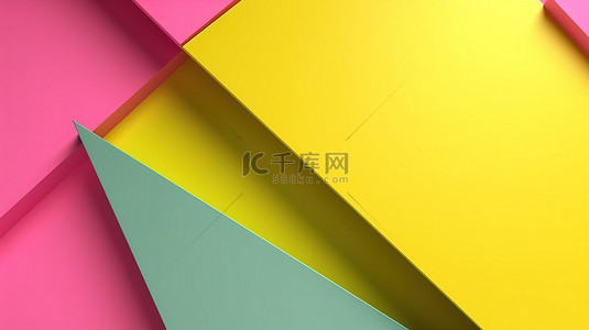 粉色绿色和黄色倾斜几何形状的抽象 3D 渲染