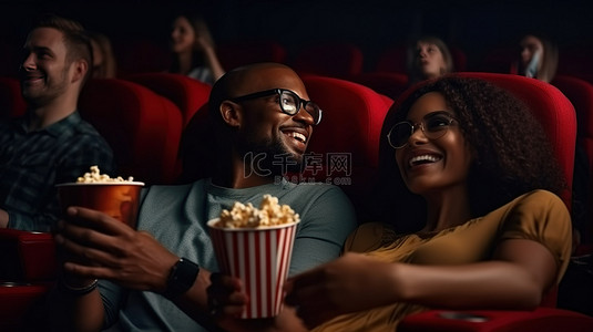 电影院灯光背景图片_快乐的二人组在灯光昏暗的电影院里，在大屏幕前的扶手椅上放松，戴着 3D 眼镜享用爆米花