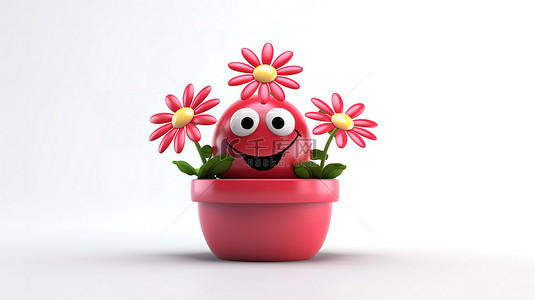 红色人物介绍背景图片_欢快的 3D 卡通人物，一朵粉色和红色的花从白色背景的花盆里发出光芒