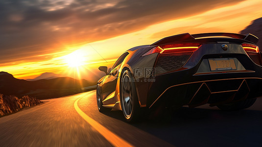 迷人的日落背景通过 3D 渲染和插图增强了跑车场景