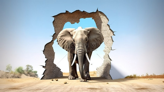 大象冲破墙壁裂缝的 3D 插图