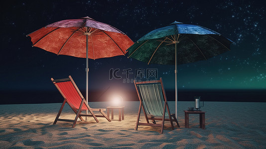 外太空绿洲 3D 渲染沙滩椅和星星之间的雨伞
