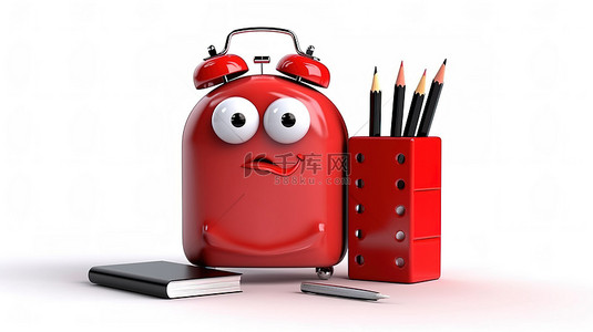 红色背景板背景图片_白色背景上拿着红色剪贴板铅笔和纸的闹钟吉祥物的 3D 渲染