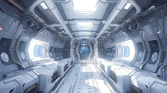 具有 3D 渲染白色宇宙飞船房间舞台的未来主义背景