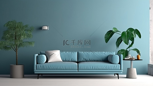 现代客厅的精致室内 3D 渲染，配有蓝色沙发和简约的墙壁