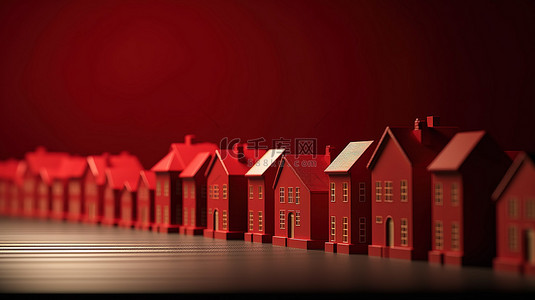 上升的一排深红色房屋描绘了 3D 可视化中的住房趋势