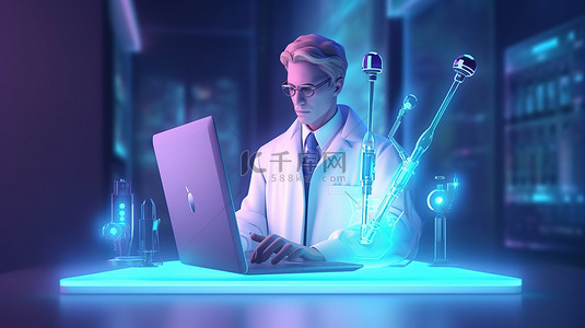 一位男医生在笔记本电脑屏幕上拿着大注射器的卡通风格 3D 插图