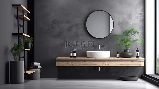 现代浴室家具采用 3d 灰色混凝土地板墙镜和白色水槽
