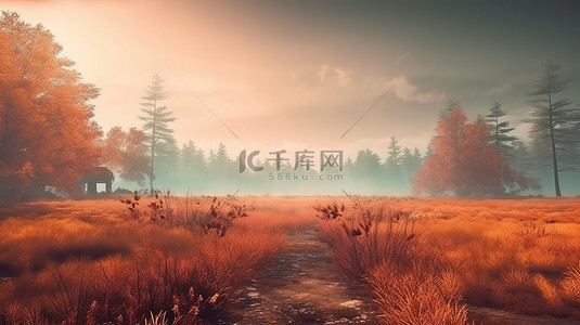 自然秋季背景图片_令人惊叹的薄雾秋季景观，3D 插图中宁静的荒野