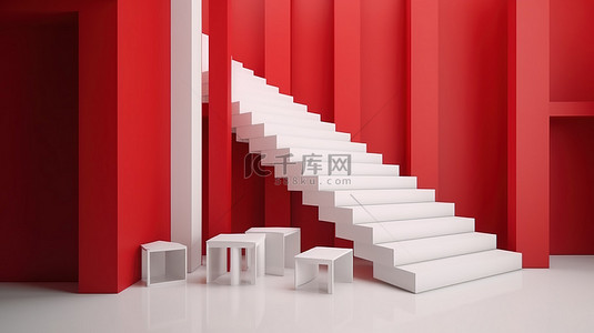 充满活力的红色空间 3d 概念渲染中的极简主义白色楼梯