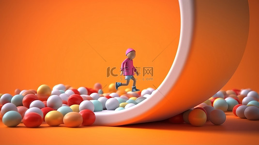 顽皮的孩子旁边的医疗药丸创新医疗保健概念与 3D 插图中的文本空间