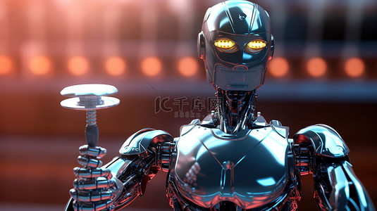 Android 机器人或人工智能机器人的 3D 渲染，带有木槌法官描绘互联网法概念