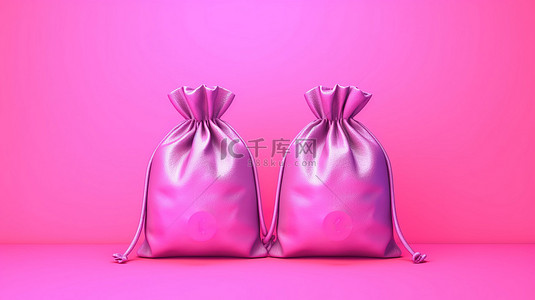 财富图标 3D 渲染粉红色背景上钱袋的插图
