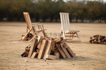 篝火舞会背景图片_带长凳和椅子的木质烧焦篝火
