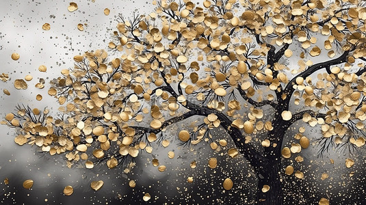 黑色的海背景图片_黑色的金色树叶溅出 3D 墙壁艺术海报