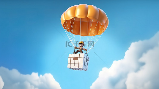 卡通描绘了一个孩子在降落伞旁边翱翔，降落伞上载着带有额外文字空间的送货箱