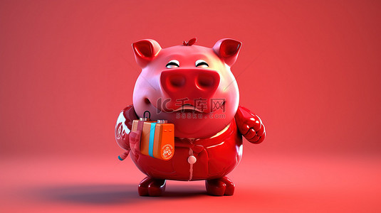 滑稽的 3D 描绘，一头红牛抓着一个存钱罐