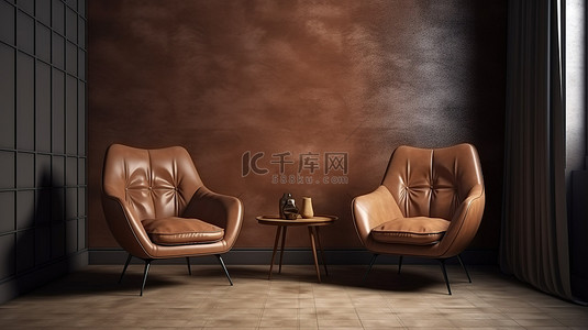 女生坐在沙发上背景图片_室内场景和模型 两张棕色皮革扶手椅和织物覆盖物坐在舒适的角落 3D 渲染