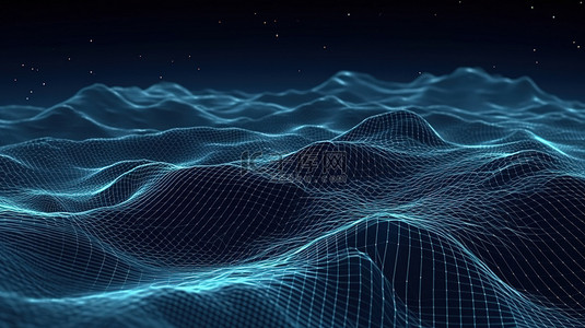 蓝色的波背景图片_具有线框元素的未来景观，融合了 3D 技术和网络空间网格