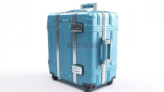 白色背景以令人惊叹的 3D 渲染展示蓝色硬箱行李箱