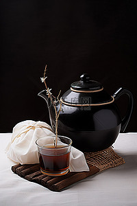 俯拍茶壶茶杯背景图片_桌上有一个茶壶和一个盘子