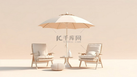 沙滩椅和雨伞的单色柔和奶油色和米色 3D 渲染