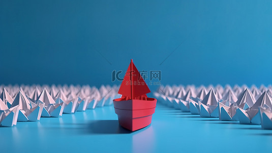 创新的红色纸船在蓝色背景上翱翔在白色上方，激发 3D 设计灵感