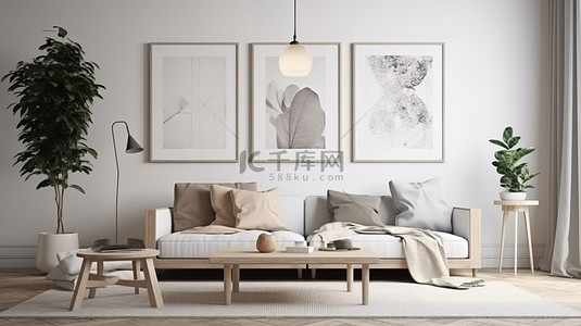 斯堪的纳维亚风格的客厅，配有现代背景下的 3D 空白海报框架模型