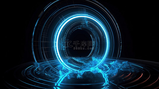 分形门户蓝色发光霓虹灯圆在条纹隔离背景上的 3D 渲染