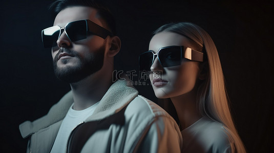 现代年轻背景图片_戴立体眼镜的现代年轻夫妇在电影院前视肖像与复制空间中欣赏 3D 电影
